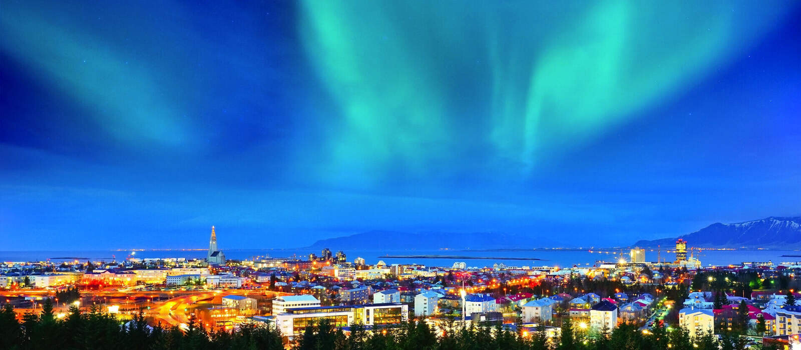Blick auf das Nordlicht vom Stadtzentrum in Reykjavik © Javen - stock.adobe.com