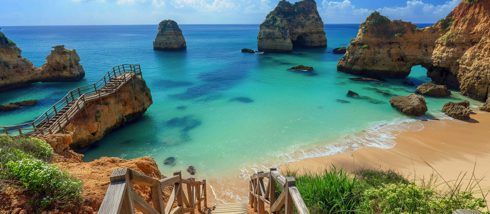 Panoramablick auf einen Algarve-Strand mit goldenen Klippen und türkisfarbenem Wasser © Dimitri - stock.adobe.com